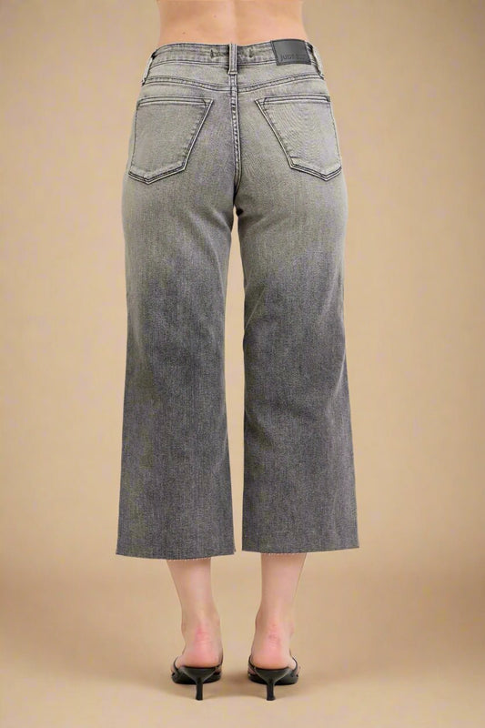 Judy Blue - Gray High Rise Cropped Wide Leg Jeans with Embroidered Pockets