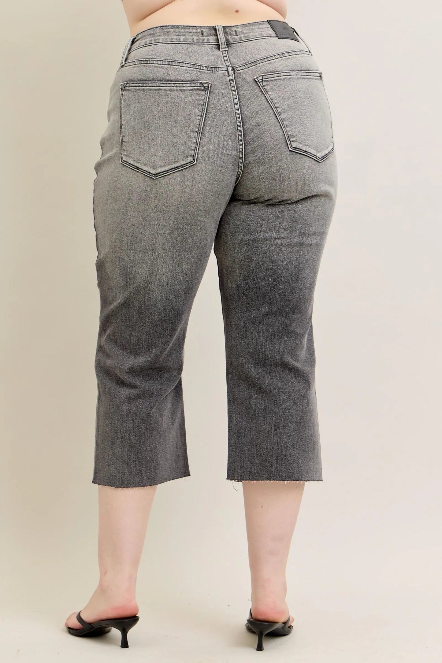 Judy Blue - Gray High Rise Cropped Wide Leg Jeans with Embroidered Pockets