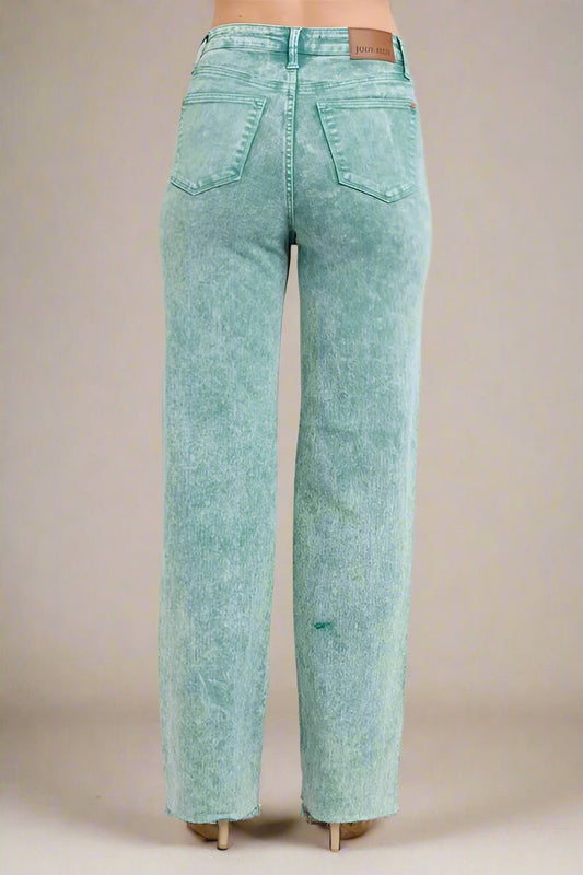 Judy Blue - High Rise Acid Wash Straight Jeans in Aqua Green Denim