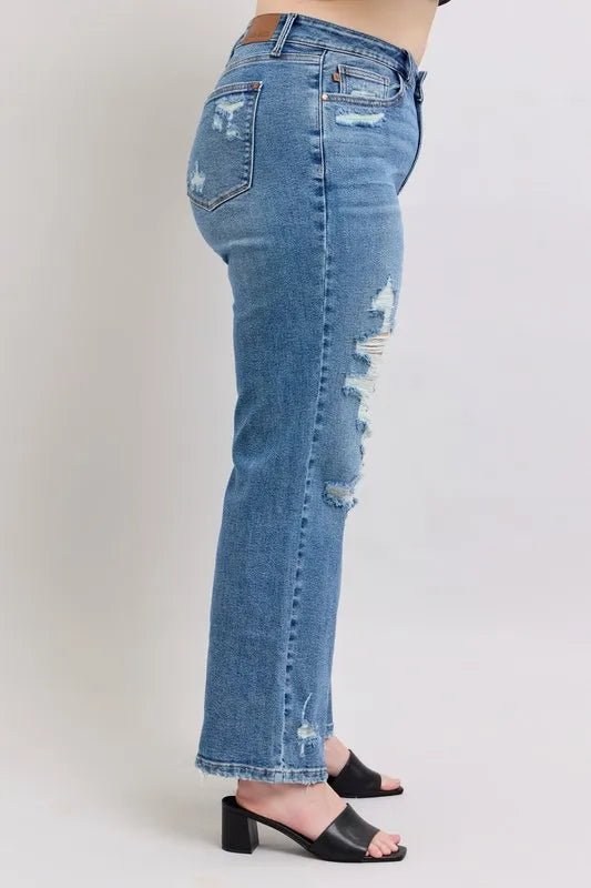 Judy Blue - High Rise Distressed Straight Jeans – Medium Wash Ripped