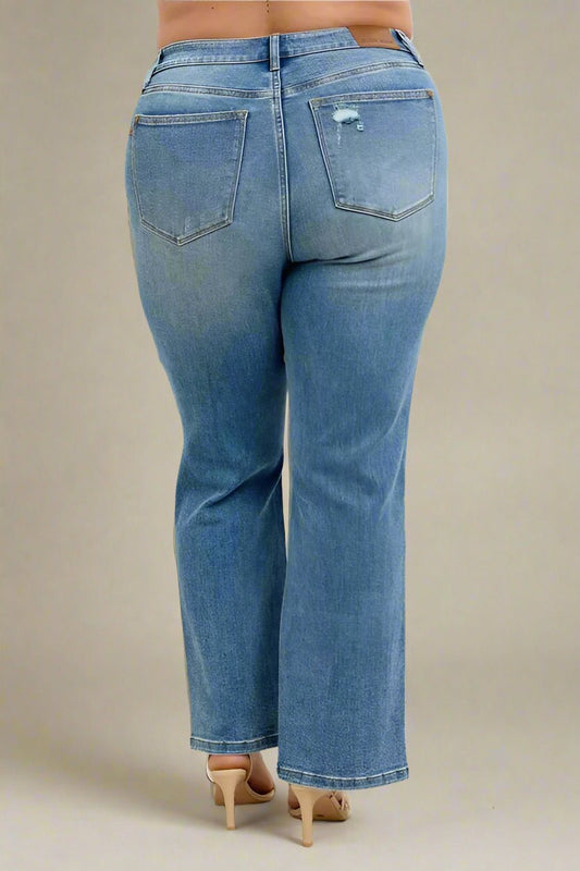 Judy Blue - High Rise Front Slit Straight Jeans – Medium Wash Distressed