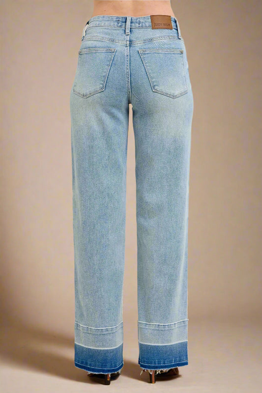Judy Blue - Light Wash Wide Leg Jeans with Contrast Hem