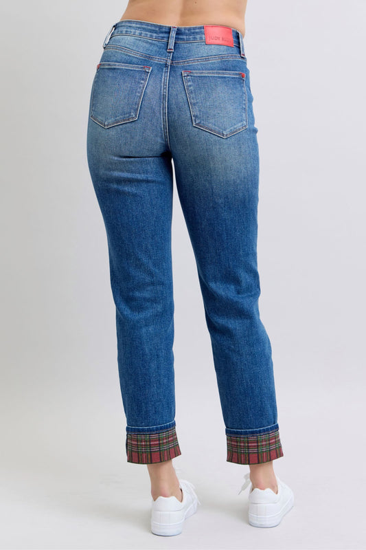 Judy Blue - Medium Wash Plaid Cuff Straight Leg Jeans