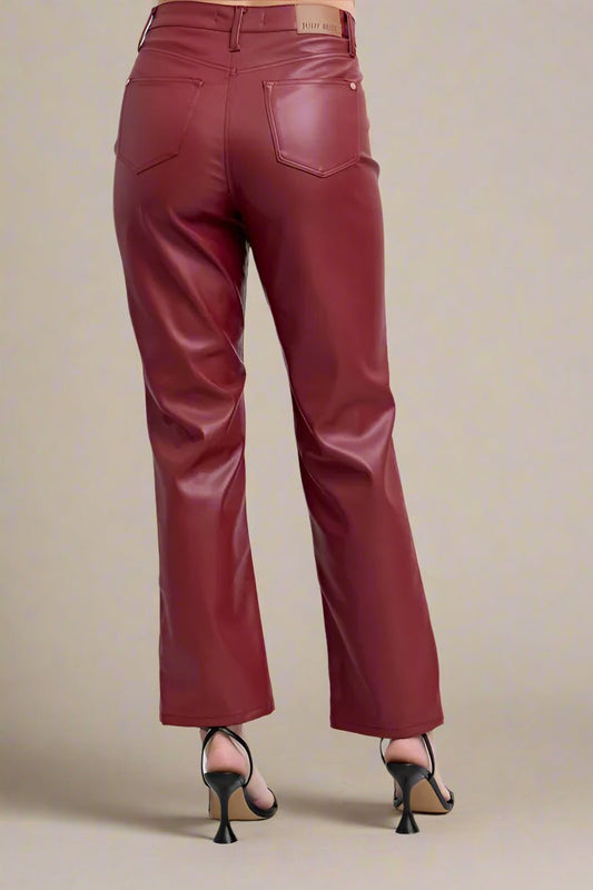 Judy Blue - Vegan Leather Straight Leg Pants in Berry Wine