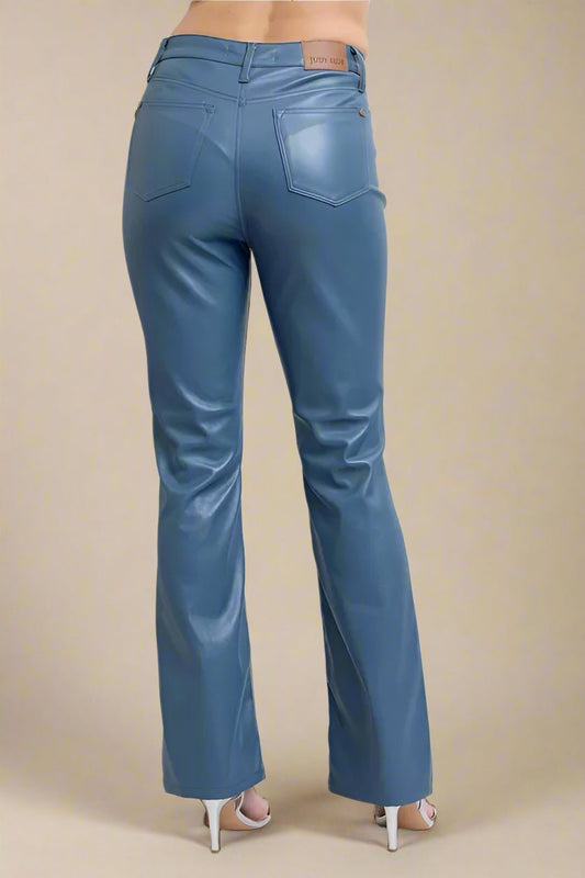Judy Blue - Vegan Leather Straight Leg Pants in Steel Teal Blue
