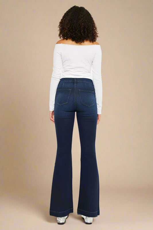 Kancan - Dark Wash Distressed Flare Jeans with Button Fly