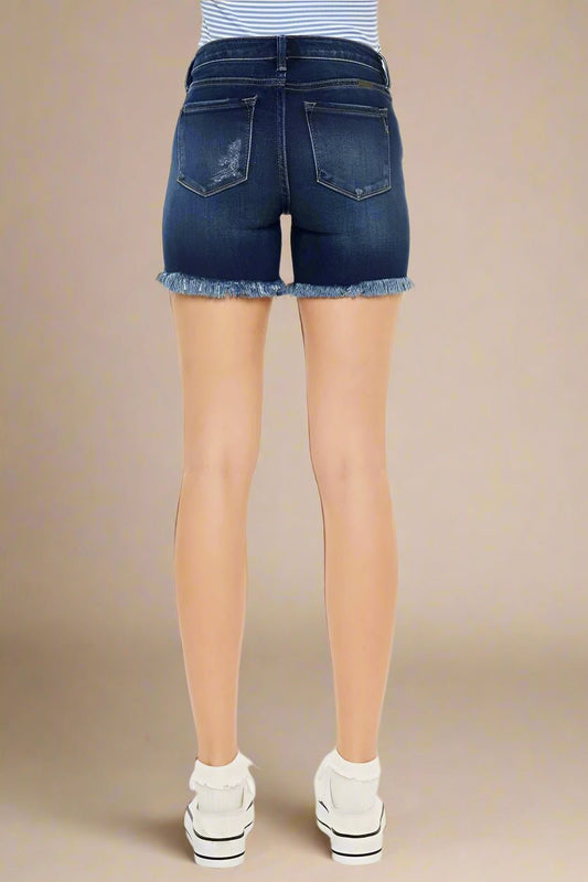 Kancan - Dark Wash High Rise Button Fly Denim Shorts with Frayed Hem