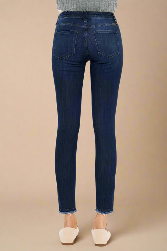 Kancan - Dark Wash High Rise Skinny Jeans with Raw Hem