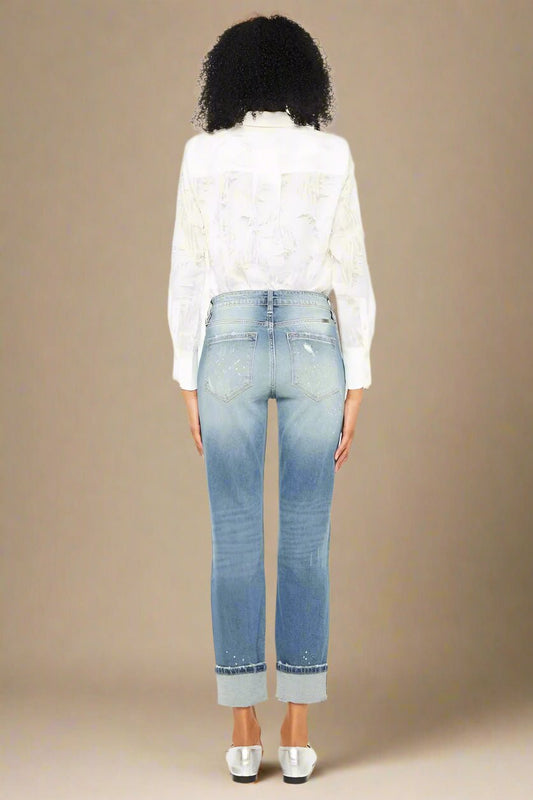 Kancan - High - Rise Light Wash Distressed Boyfriend Jeans with Paint Splatter Detail