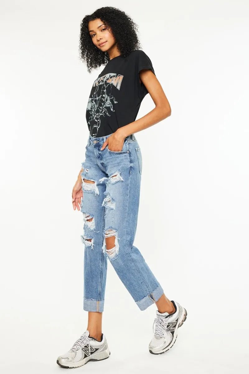 Kancan - High - Rise Medium Wash Distressed Boyfriend Jeans with Cuffed Hem