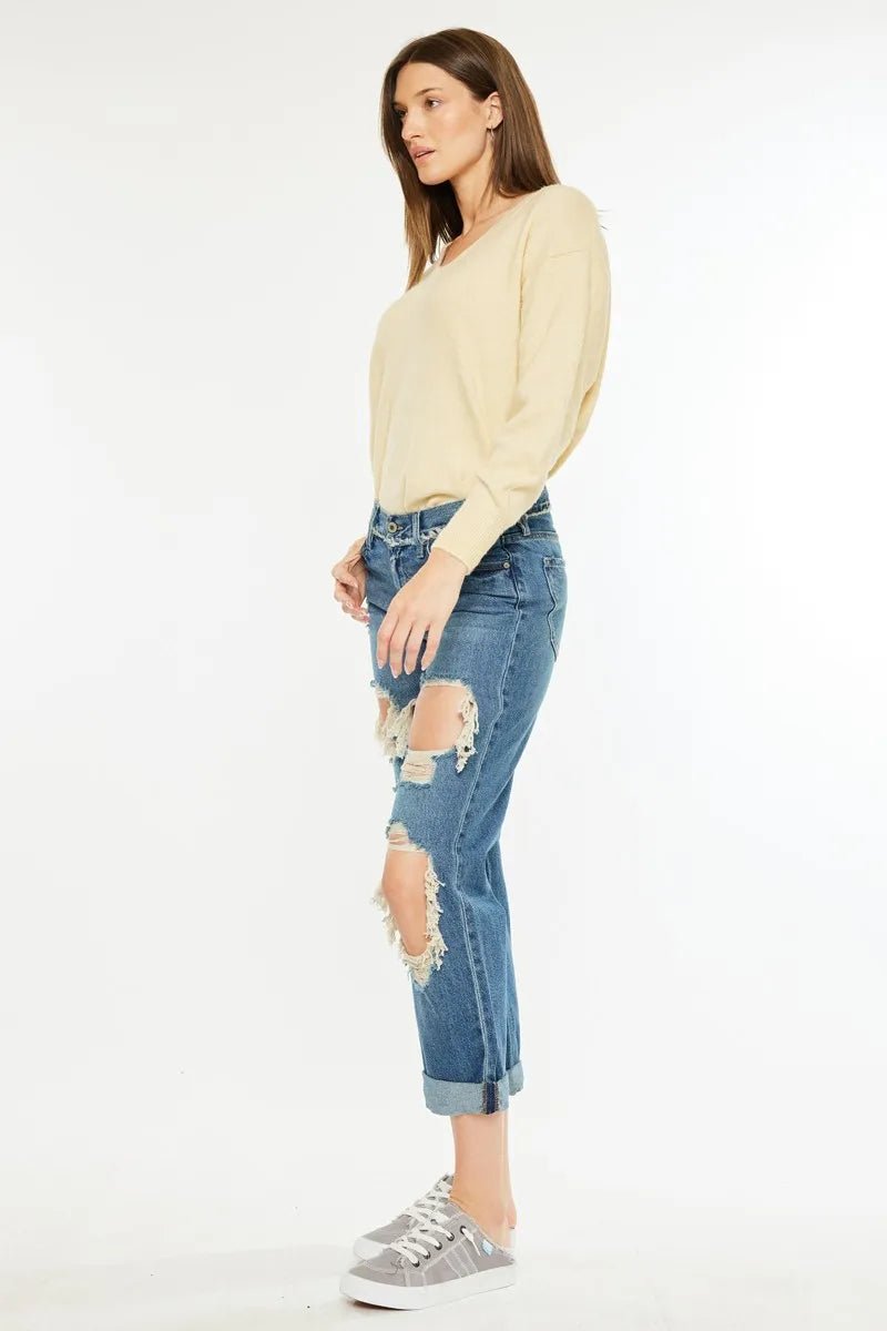 Kancan - Medium Wash Distressed Boyfriend Jeans