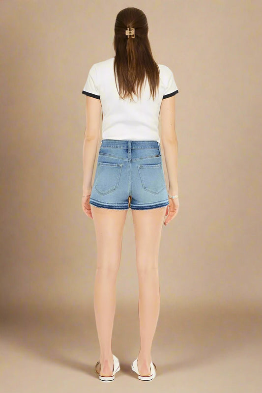 Kancan - Medium Wash High Rise Button Fly Denim Shorts with Raw Hem