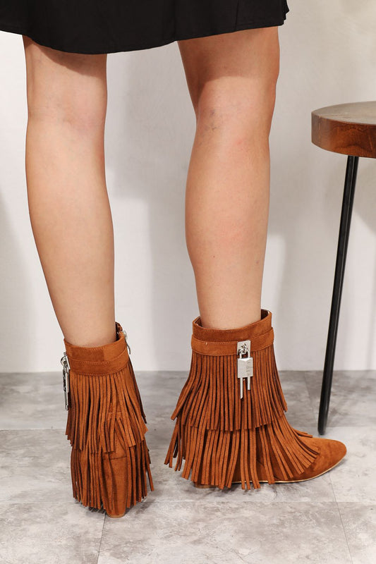 Legend - Vegan Suede Tassel Wedge Heel Ankle Booties in Caramel