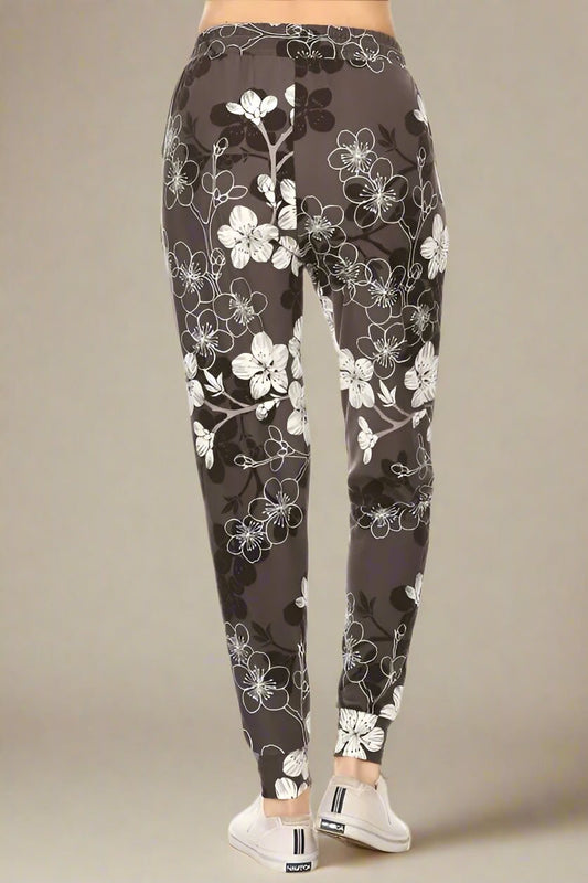 Leggings Depot - Floral Print Joggers – Black Charcoal & Ivory