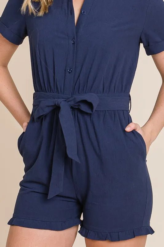 LIME N CHILI - Button Front Belted Romper in Navy Blue