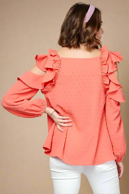 LIME N CHILI - Cold Shoulder Ruffle Sleeve Blouse in Bright Coral Pink
