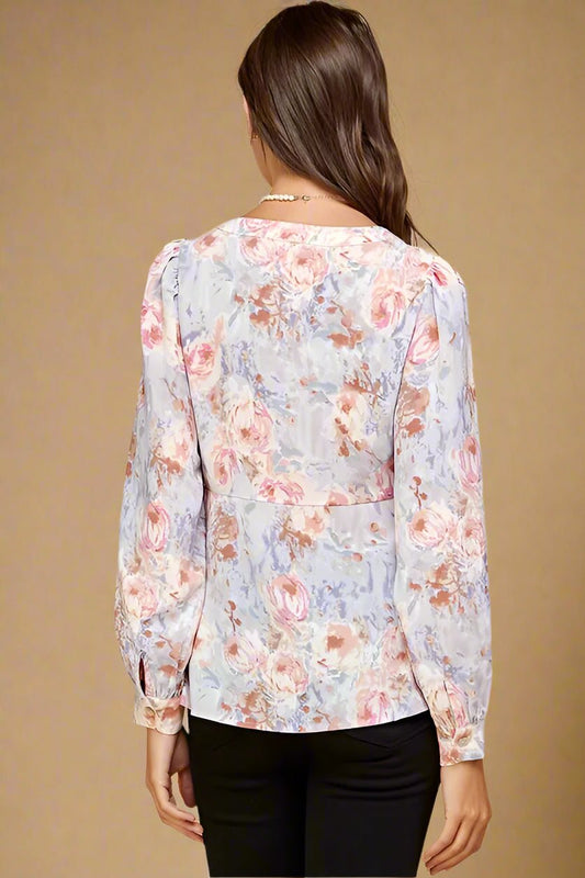 LIME N CHILI - Floral Button Front Blouse with Square Neckline in Lavender Mix