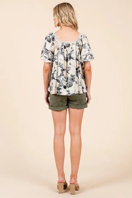 LIME N CHILI - Floral Lace Trim Babydoll Top in Charcoal & Cream