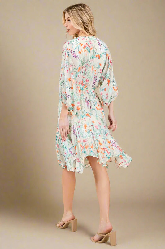 LIME N CHILI - Floral Watercolor V - Neck Midi Dress in Cream Multi