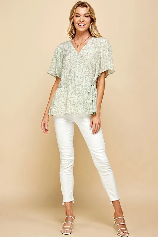 LIME N CHILI - Flutter Sleeve Peplum Top in Soft Sage Ditsy Floral