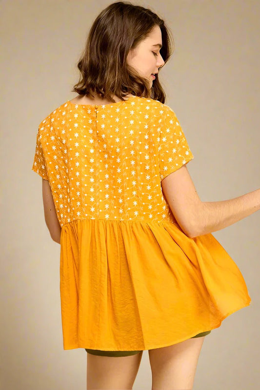 LIME N CHILI - Golden Marigold Embroidered Babydoll Top
