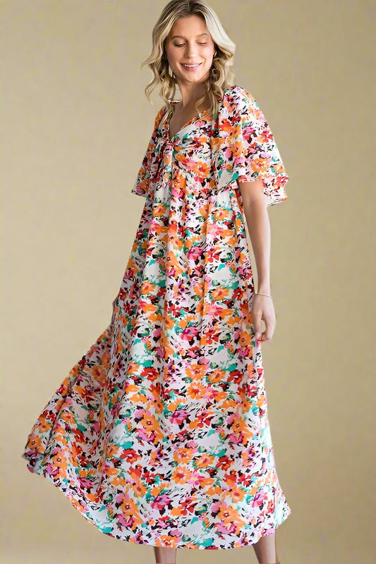LIME N CHILI - Multicolor Painted Floral Midi Dress with Ruffle Sleeves