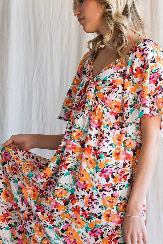 LIME N CHILI - Multicolor Painted Floral Midi Dress with Ruffle Sleeves