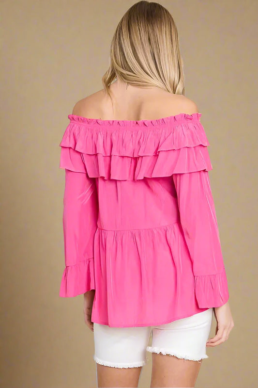 LIME N CHILI - Off Shoulder Ruffle Tiered Blouse in Bright Fuchsia