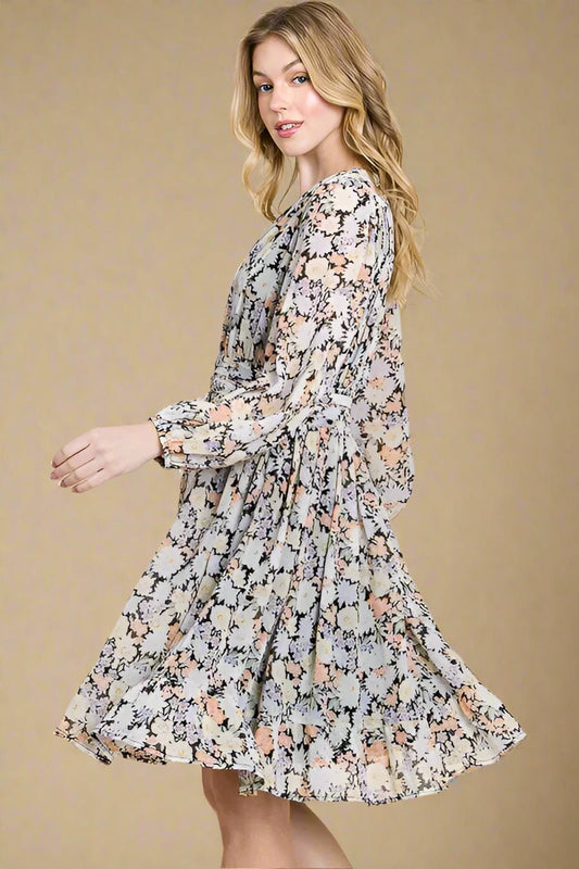 LIME N CHILI - Pastel Floral Long Sleeve Belted Mini Dress in Lavender Multi