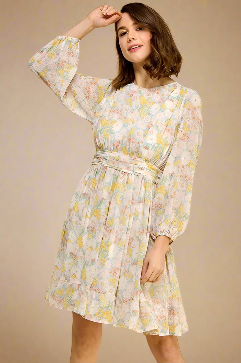 LIME N CHILI Pastel Floral Long Sleeve Belted Mini Dress in Yellow Multi Beach Rose Co. LIME N CHILI Pastel Floral Long Sleeve Belted Mini Dress in Yellow Multi Beach Rose Co.