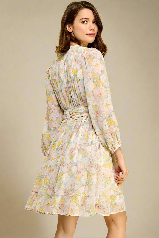 LIME N CHILI - Pastel Floral Long Sleeve Belted Mini Dress in Yellow Multi