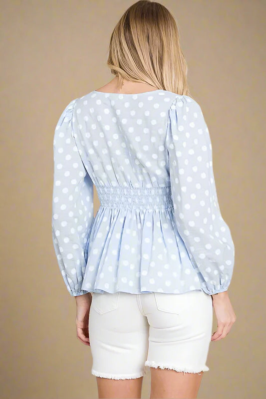 LIME N CHILI - Polka Dot Puff Sleeve Peplum Top in Soft Blue
