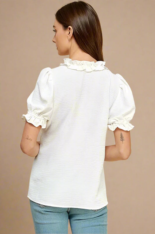 LIME N CHILI - Ruffle Trim Puff Sleeve Top in Soft Ivory