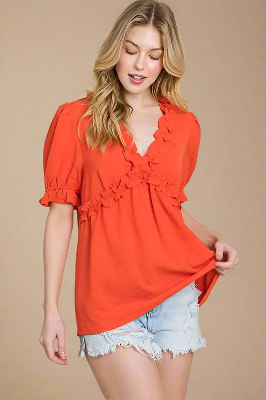 LIME N CHILI - Ruffle V - Neck Babydoll Top in Flame Coral