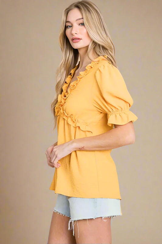 LIME N CHILI - Ruffle V - Neck Babydoll Top in Golden Marigold