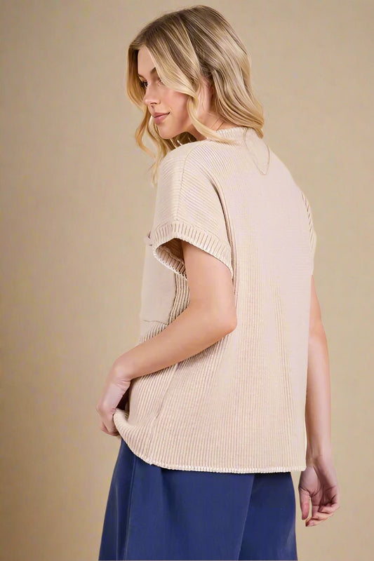 LIME N CHILI - Short Sleeve Rib Knit Sweater in Cream Sandstone
