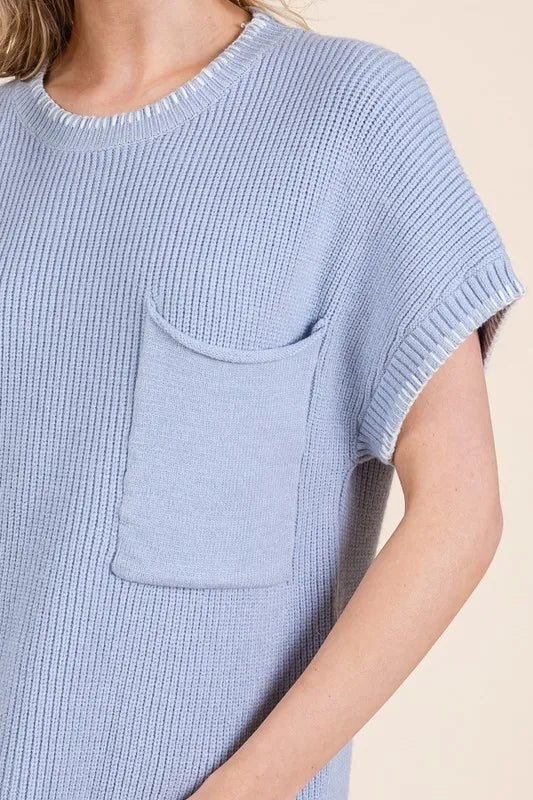 LIME N CHILI - Short Sleeve Rib Knit Sweater in Soft Sky Blue