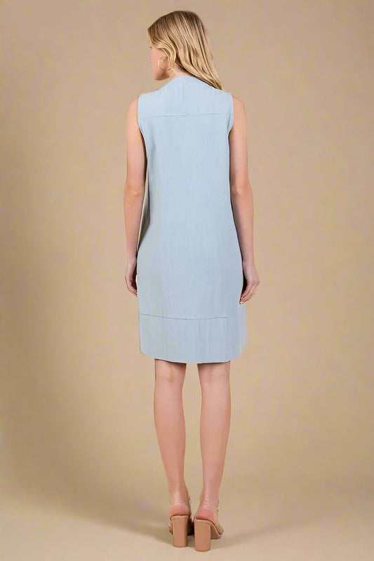LIME N CHILI - Sleeveless Pintuck Button Mini Dress in Soft Chambray Blue