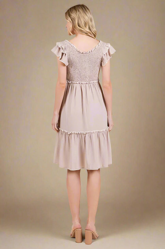 LIME N CHILI - Smocked Flutter Sleeve Tiered Mini Dress in Taupe Stripe
