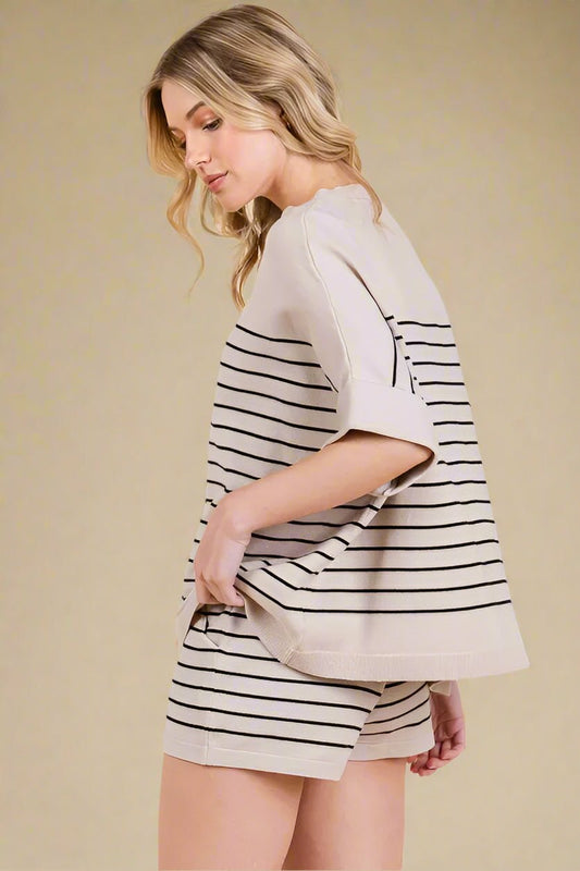 LIME N CHILI - Striped Knit Lounge Set in Oatmeal & Black