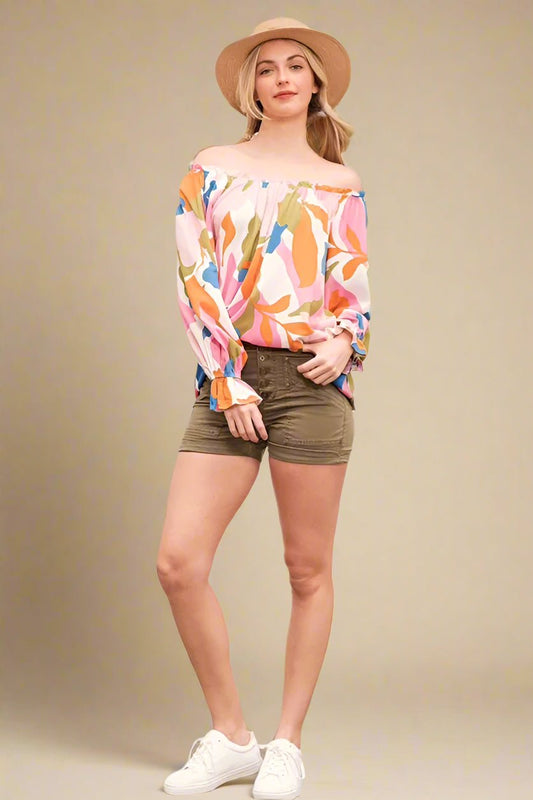 LIME N CHILI - Tropical Abstract Off Shoulder Long Sleeve Top in Multi