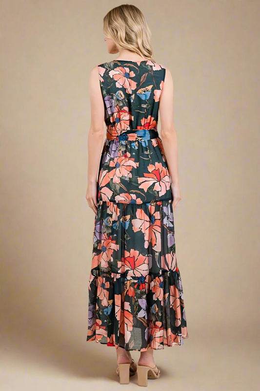 LIME N CHILI - V - Neck Belted Maxi Dress in Coral & Lilac Floral