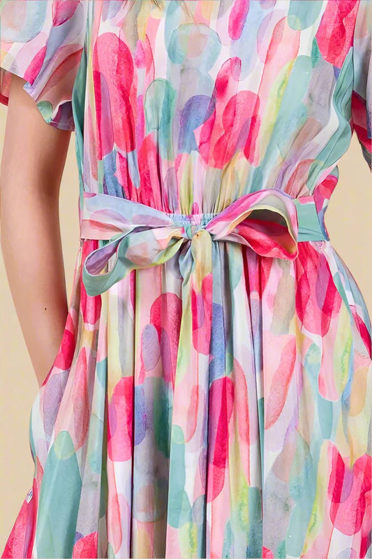 LIME N CHILI - Watercolor Brushstroke Tie - Waist Midi Dress in Pink Mix