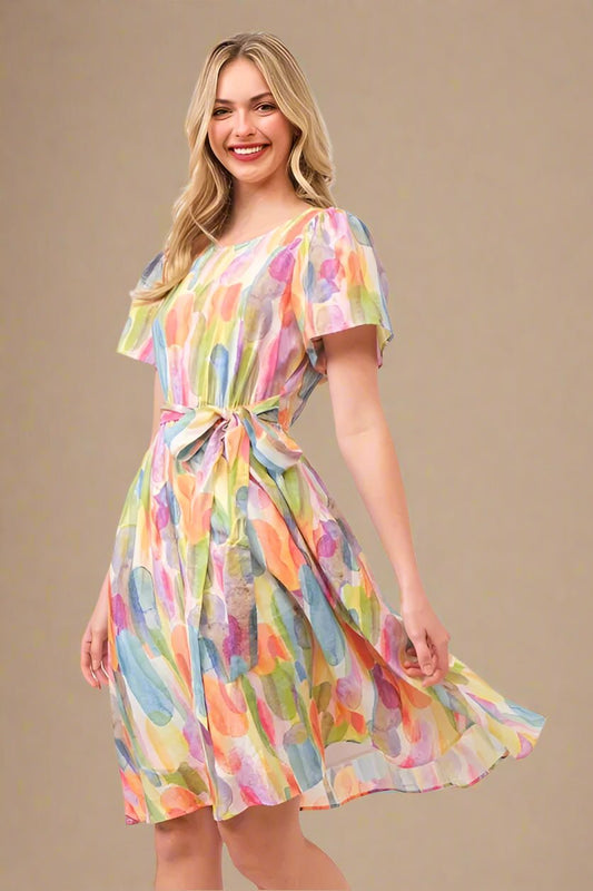 LIME N CHILI - Watercolor Rainbow Tie - Belt Mini Dress with Flutter Sleeves
