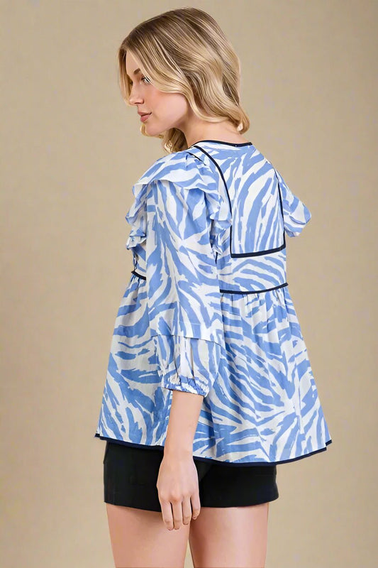 LIME N CHILI - Zebra Print Contrast Trim Peasant Blouse in Sky Blue & White
