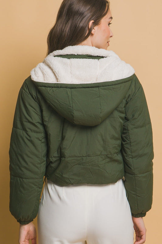 Love Tree - Zip Up Cropped Hooded Sherpa Jacket in Hunter