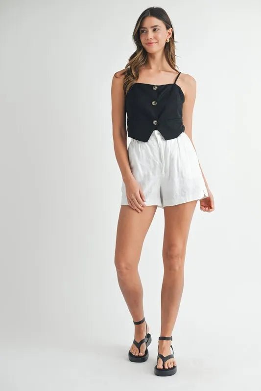 Mable - Black Button Front Vest Crop Top