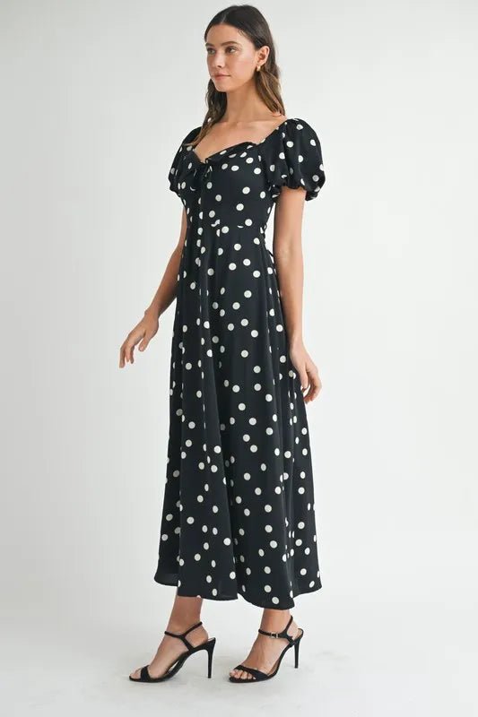 Mable - Black Polka Dot Puff Sleeve Midi Dress