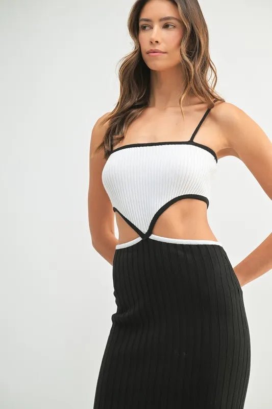 Mable - Black & White Ribbed Knit Cutout Midi Dress