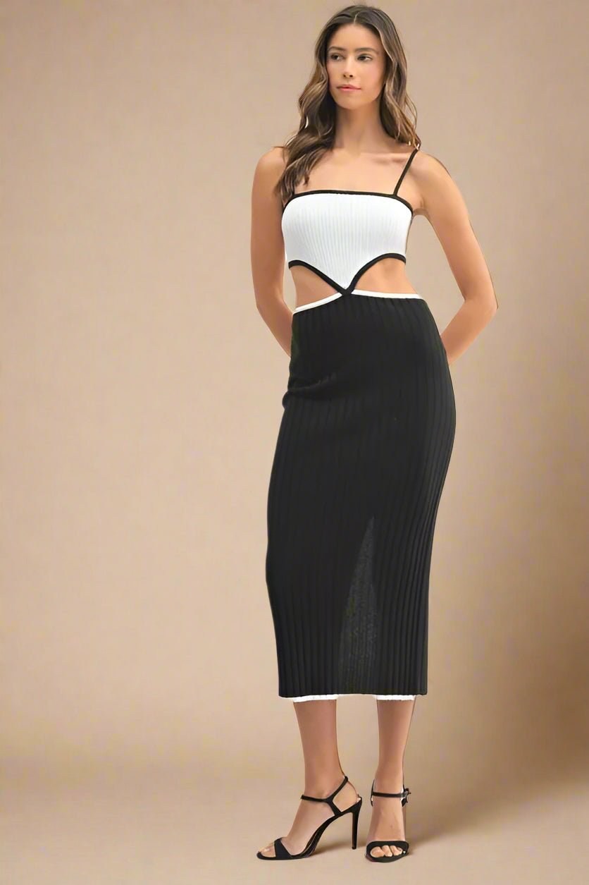 MABLE Black & White Ribbed Knit Cutout Midi Dress  Beach Rose Co.